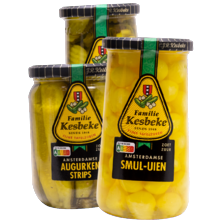 Kesbeke Amsterdamse
augurken, dwarsliggers,
strips, smul-uien
of augurken en uitjes
pot à 550/720 ml